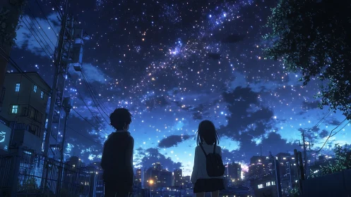 Two students watch luminous city night sky filled with stars