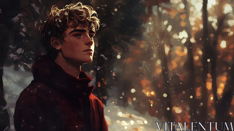 Pensive youth watches first winter snow in golden forest.