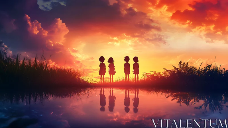 Four friends stand by a glowing sunset lake in silhouette.