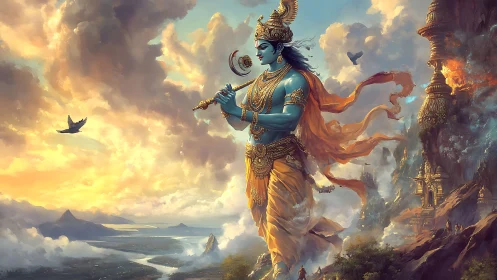 Divine blue deity strides through radiant mythic sky.