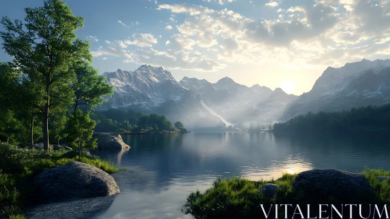 Calm mountain lake at sunrise with trees and rocky shore.