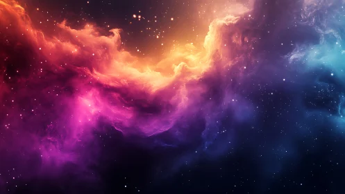Nebula cloudscape with radiant magenta, orange and deep blue gradients.