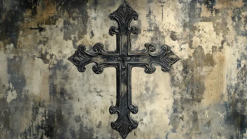 Ornate wrought iron cross on distressed textured wall surface