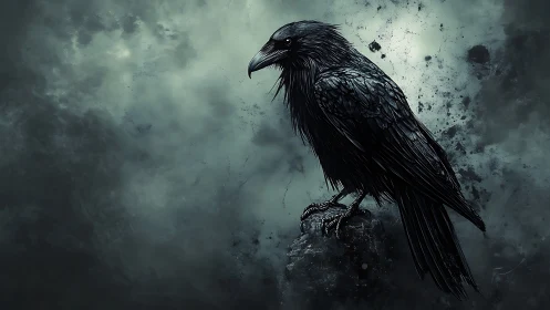 Dark raven on crag under storm-swept abstract sky.