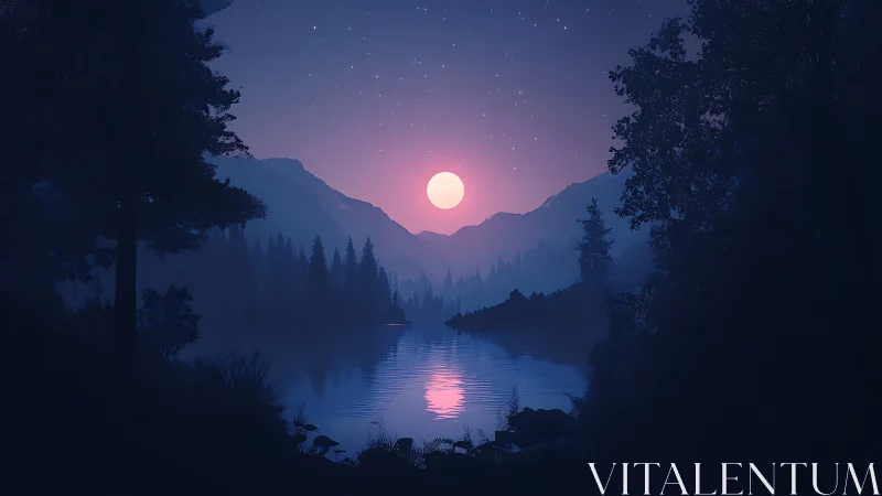 Moonlit valley lake whispers beneath a violet twilight sky.