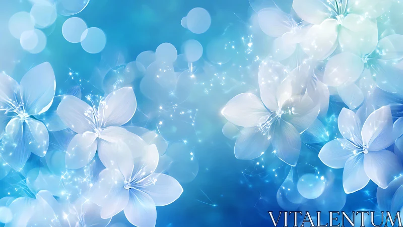 Luminescent blue and white floral composition with particle effects.