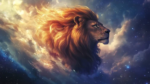 Stellar leonine profile emerging through luminous nebular strata.