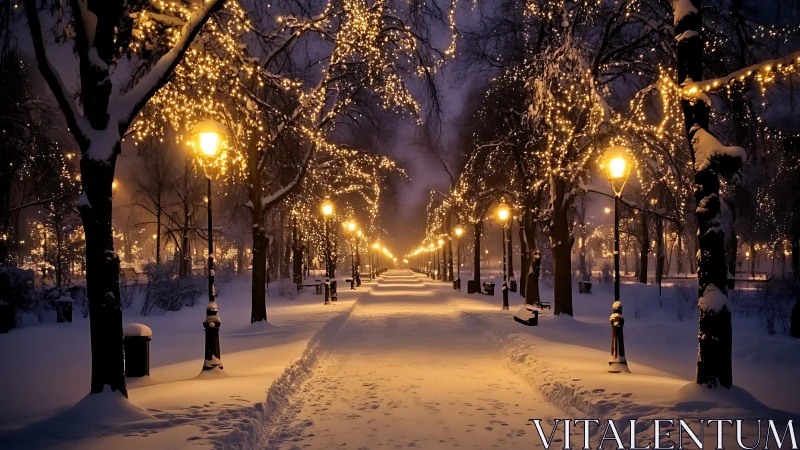 Snow-laden park promenade under golden festive lights.