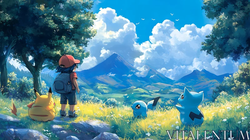 Young trainer and Pokémon gaze toward sunlit valley horizon.