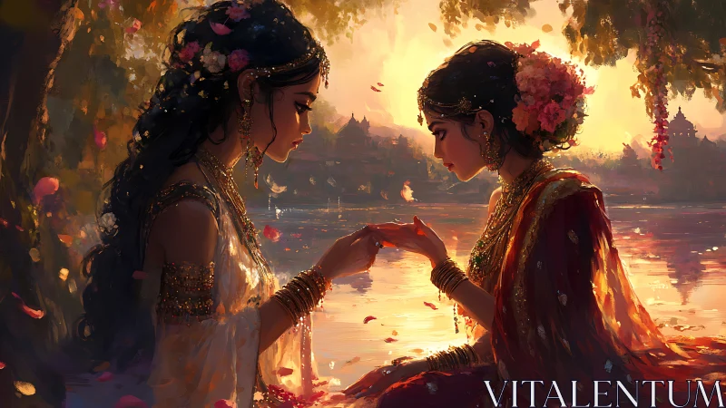 Golden hour river ritual with two ornate sisters in bloom.