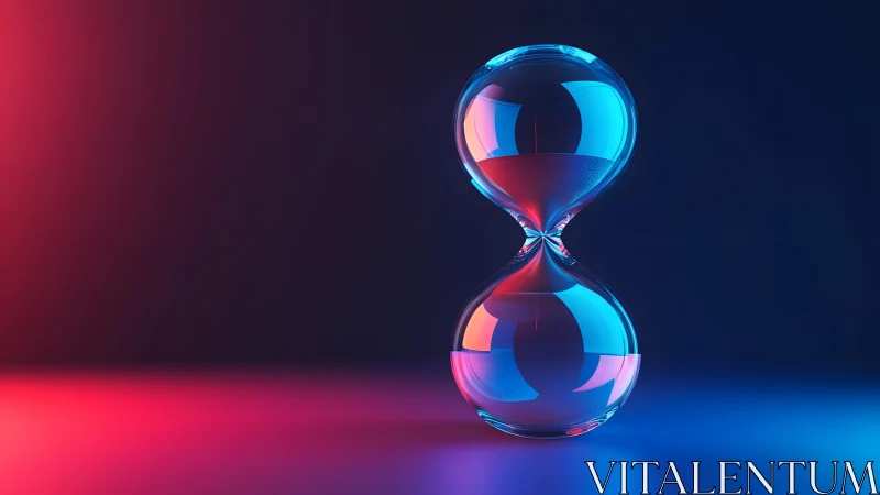 Modern hourglass with sand in blue and red neon lighting, 3D style.