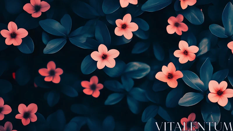 Coral flowers with teal foliage against dark background.