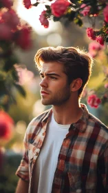 Young man standing among pink garden flowers at sunset.