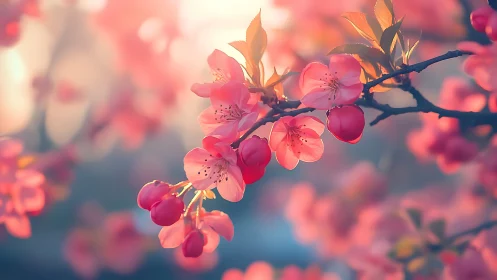 Backlit flowering branch with prismatic pink petals and depth-of-field bokeh rendering