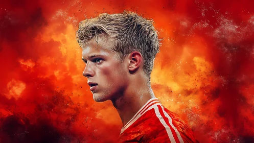 Side profile of soccer player against abstract red backdrop.