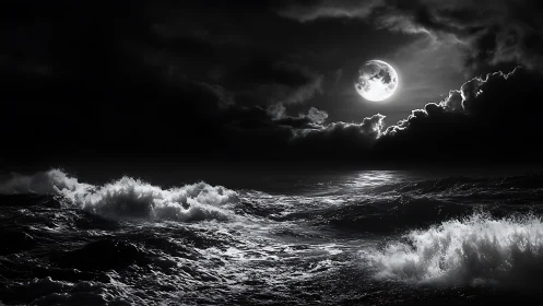 Monochrome moonlit storm waves under dramatic cloud cover.