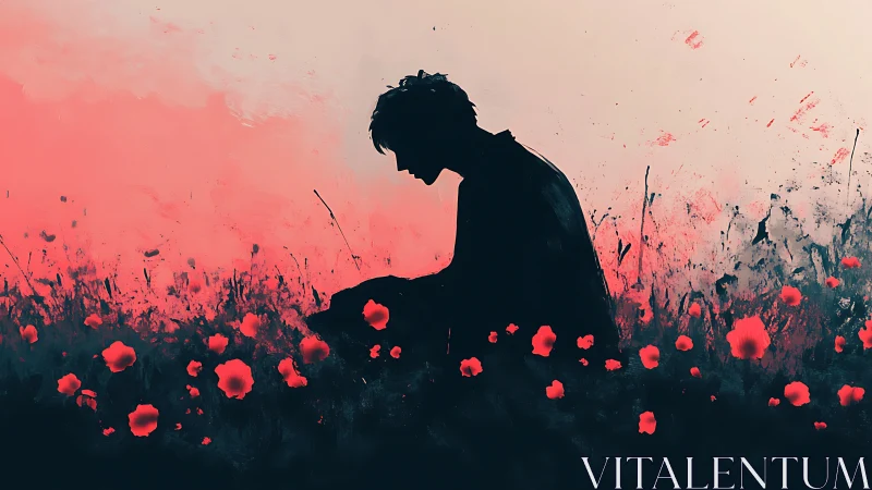 Silhouetted figure sits in glowing red poppy field at dusk