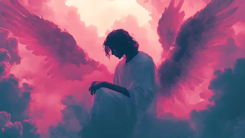 Backlit kneeling angel in magenta cloudscape, wings spread wide