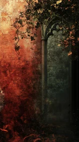 Gothic archway shrouded in ivy against burning wall textures.