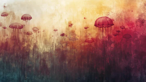 Crimson jellyfish drift like lanterns through painted dusk