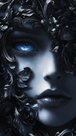 Metallic floral mask framing female face with blue eye detail.