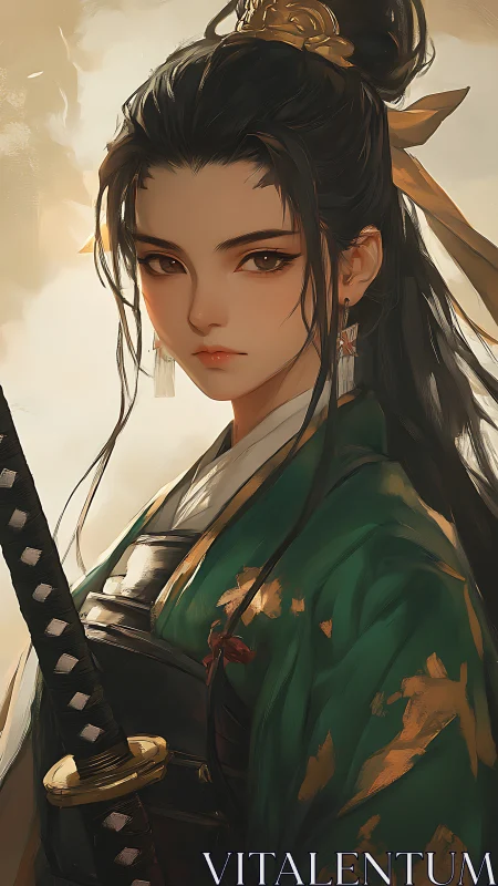 Samurai heroine in jade kimono rendered as painterly digital portrait