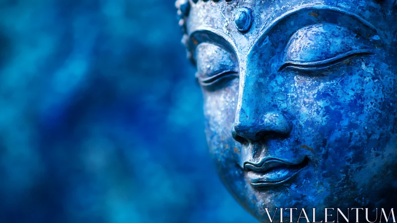 Blue Buddha sculpture portrait with serene meditative calm.