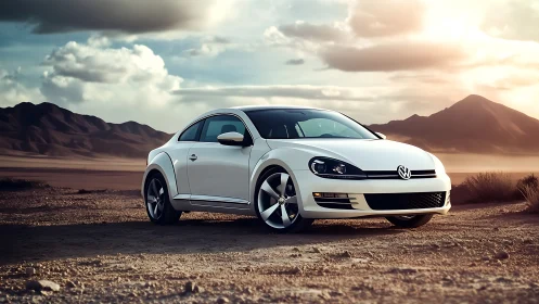 Photorealistic white coupe on desert track at golden hour.