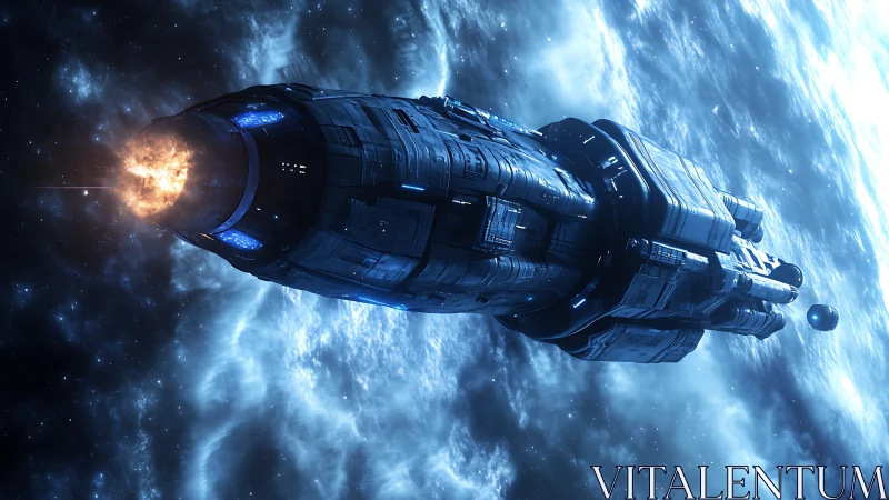 Deep-space cruiser burns through stellar nebula corridor.