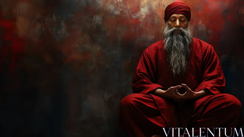 Crimson-robed mystic meditates in a storm of quiet color.