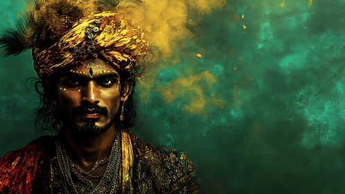 Turbaned mystic in molten gold smoke against teal abyss.