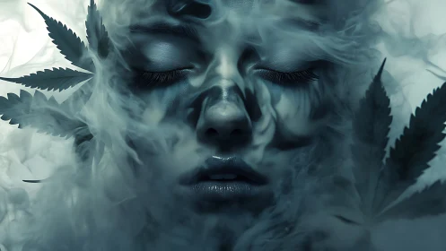Surreal female face in dense smoke with cannabis leaves.