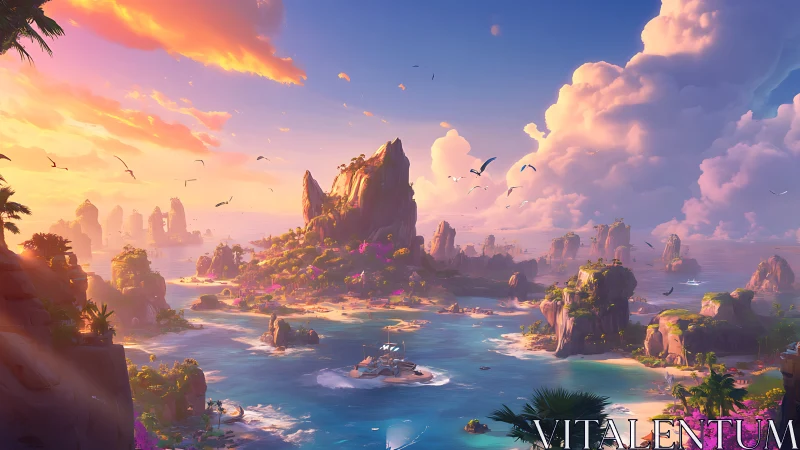 Luminous Archipelago at Sunset: Digital Landscape with Towering Rock Formations