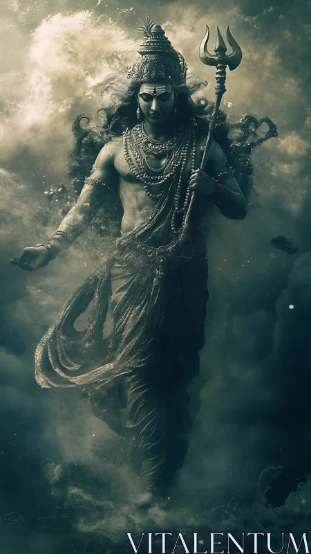Divine warrior strides through swirling cosmic storm clouds.