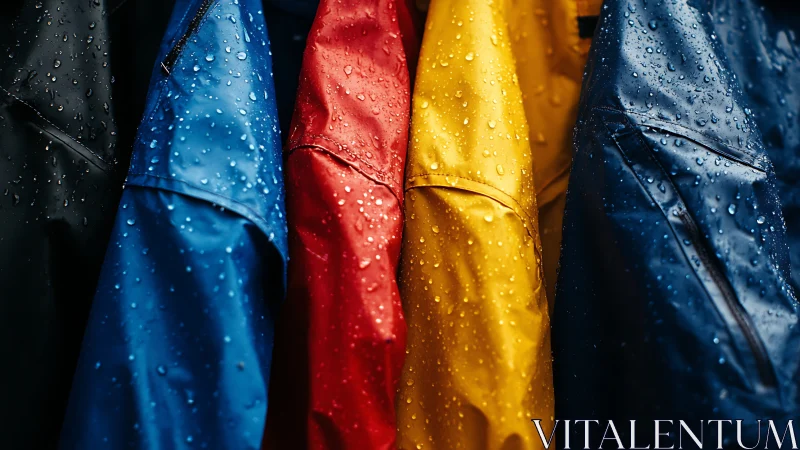 Wet Colored Umbrellas With Raindrops in Close Detail