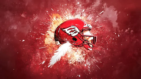 Red football helmet is centered over a radial paint burst