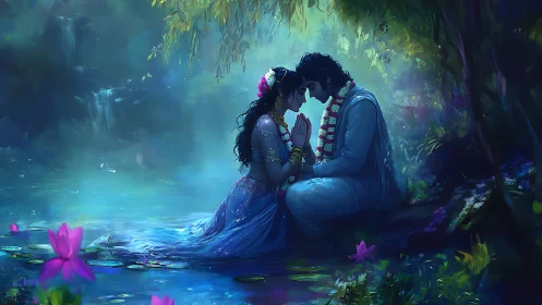 Two souls find magic in an enchanted garden by moonlight