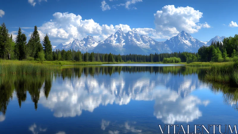 Snowcapped mountains rise over a glassy lake in clear light