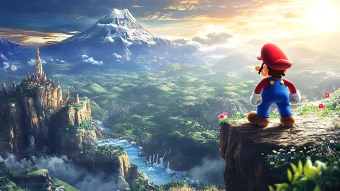 Iconic platform hero surveys expansive, sunlit fantasy valley