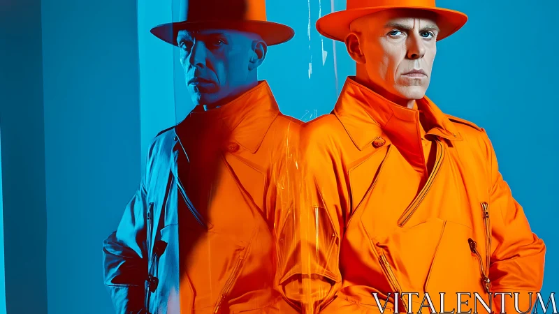 Twin neon detectives in mirrored orange trench standoff.