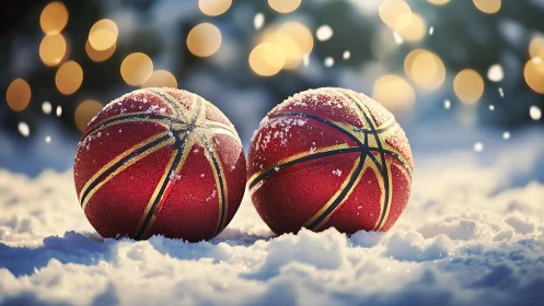 Snow-dusted red basketball ornaments with festive bokeh glow.