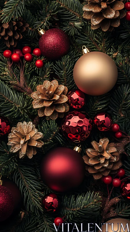 Photorealistic Christmas ornaments in dense evergreen arrangement.