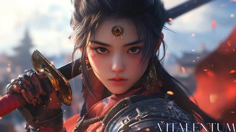 Digital portrait of armored female warrior with sword raised.