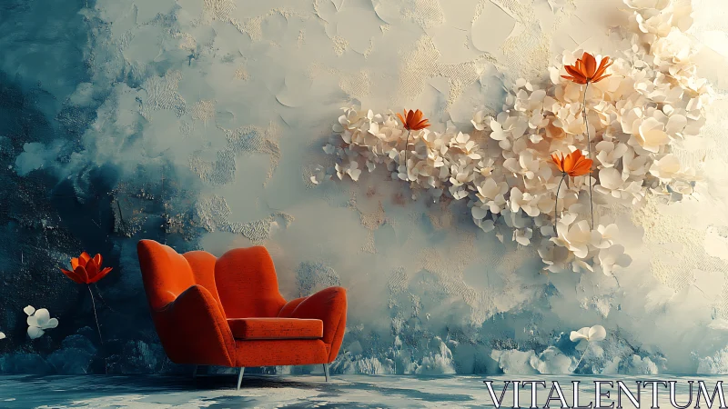 Red armchair positioned before textured floral abstract wall