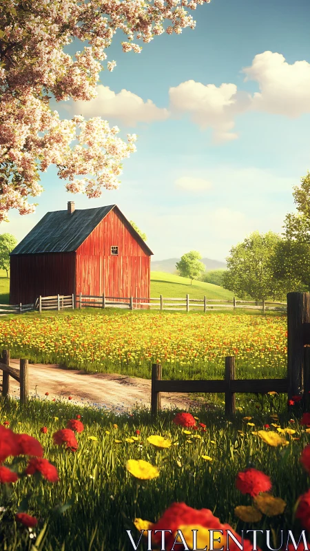Red barn in bright spring meadow under clear blue sky.