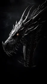 Shadowed obsidian dragon head glows with a single ember eye.