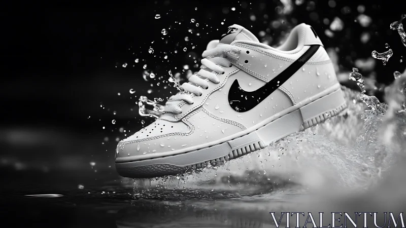 White sneaker in dynamic water splash, high-contrast shot.