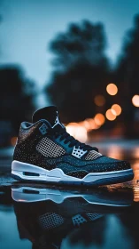 Street sneaker close-up on wet city pavement at dusk.