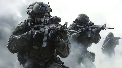 Soldiers move through smoke with rifles raised in formation