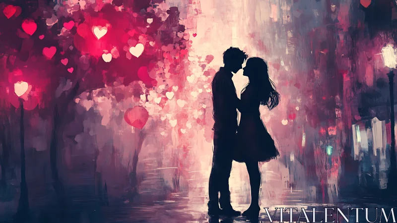 Silhouetted couple kissing beneath neon heart bokeh.
